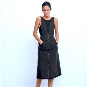 ZARA Black Denim Midi Pinafore Overall Button Down Dress Size XS NWT